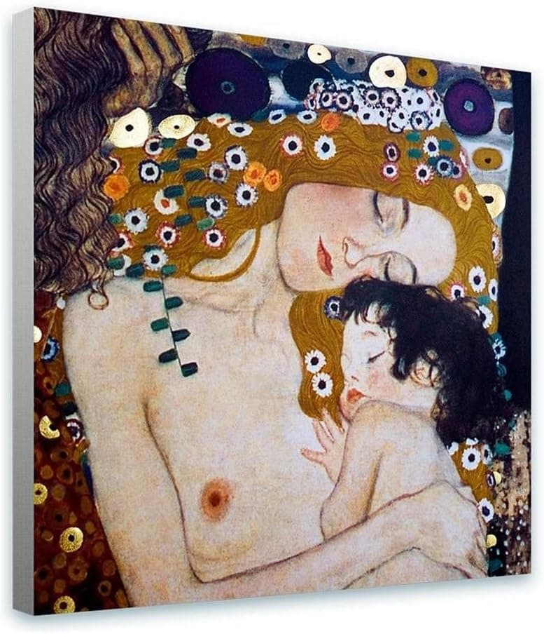 Alonline Art - Mother and Child by Gustav Klimt | Print on Canvas | Ready to Frame (Synthetic, Rolled) | 12"x12" - 30x30cm | Wall Art Home Decor for Home or for Nursery | Artwork HD Oil Painting