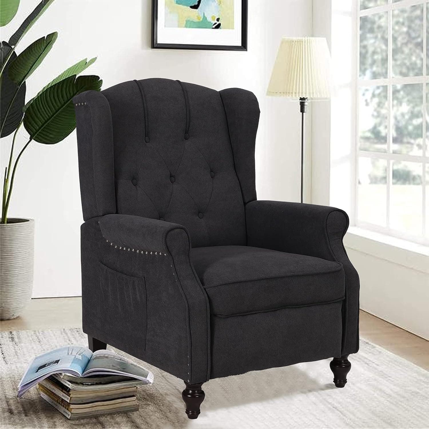 NA Wingback Recliner Chair, Accent Chair with Massage & Heating, Tufted Upholstered Comfy Reading Chair, Mid-Century Modern Armchair for Living Room Bedroom, Wooden Leg/Linen Fabric (Dark Gray)
