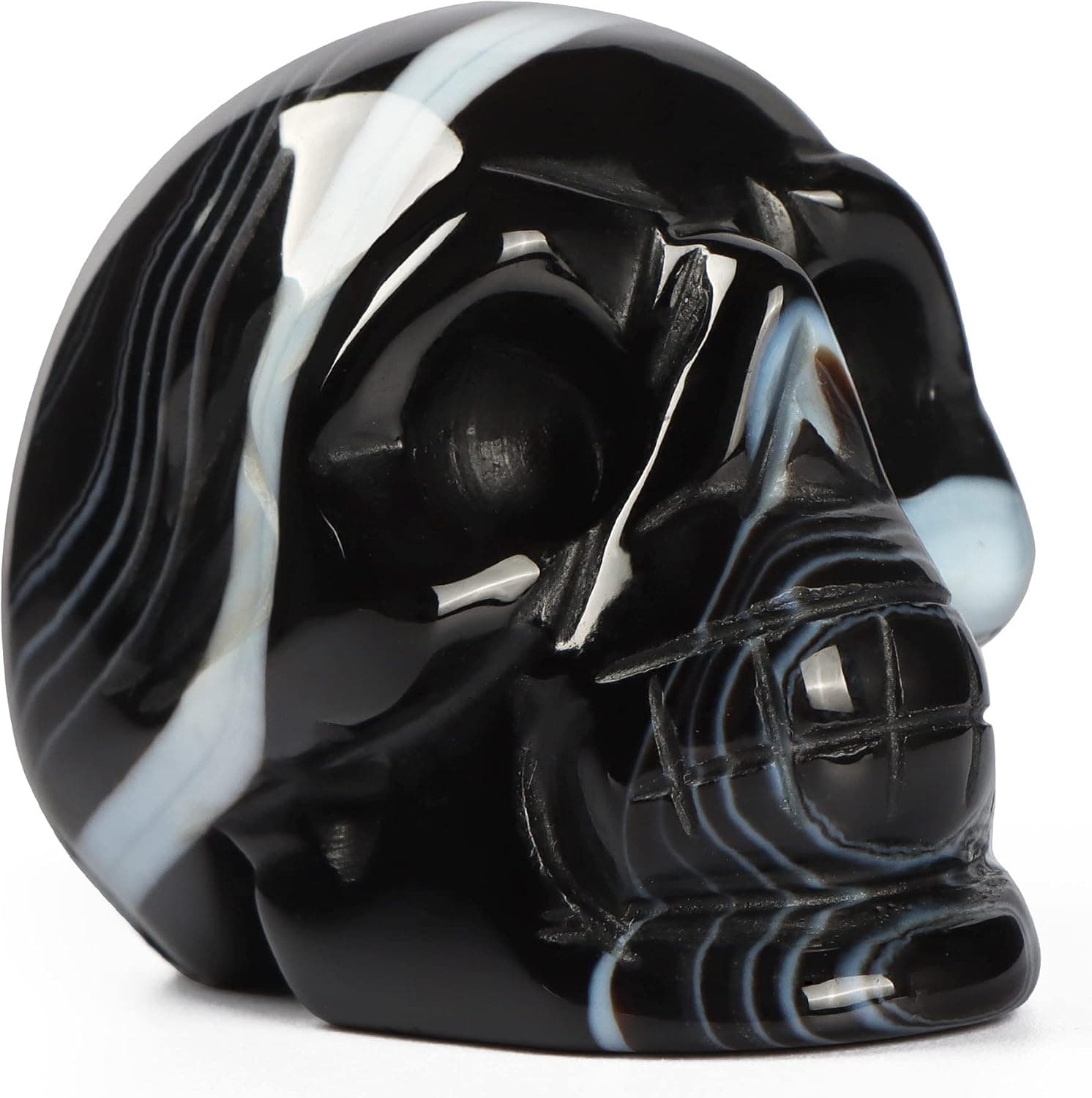 Artistone Crystal Skull Statue 2.0 inch Natural Hand Carved Black Banded Agate Crystal Skull Head Figurines Gemstone Fine Art Skull Sculpture Decoration, Reiki Healing Stone Statue