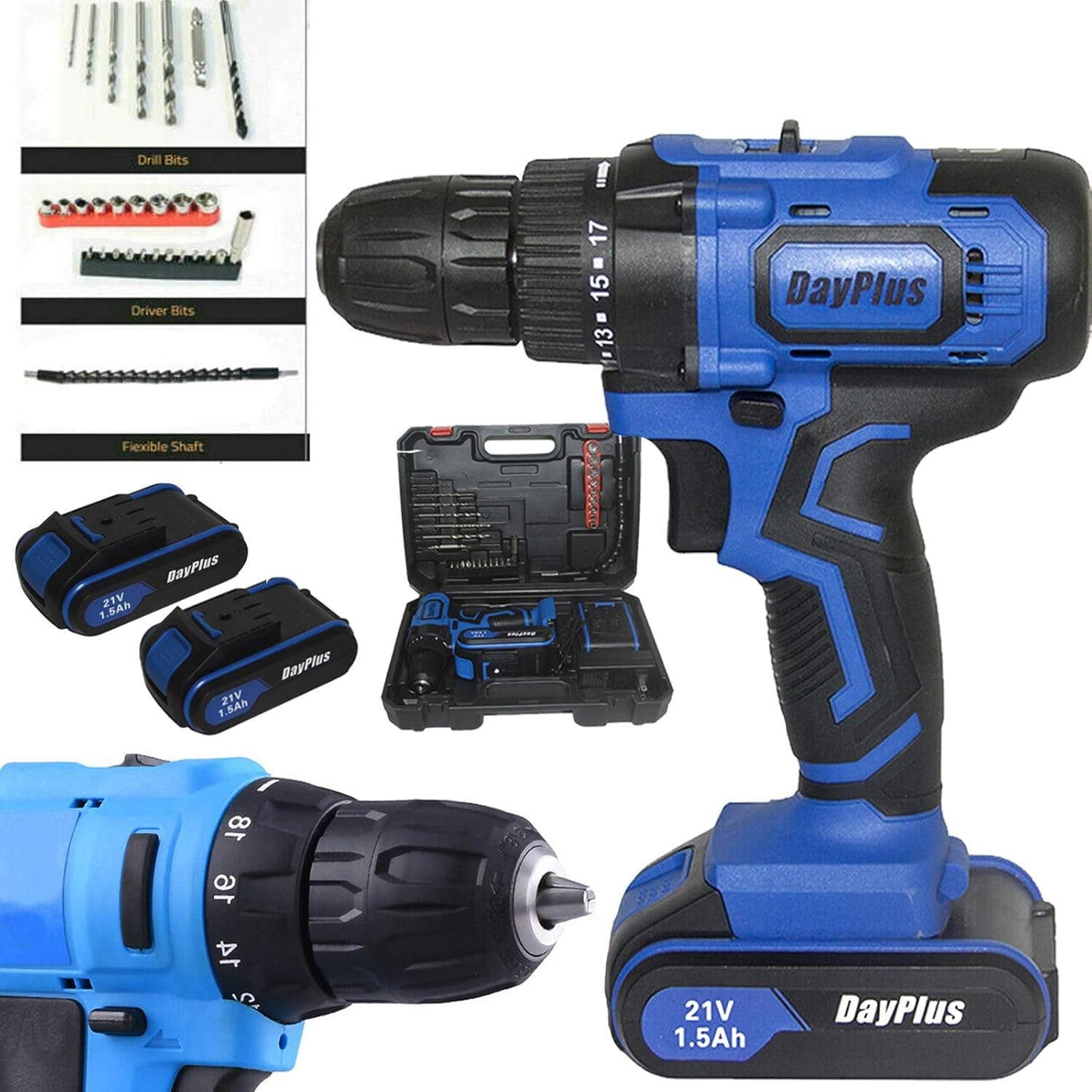 Electric Drill 2 battery,21V Electric Screwdriver Impact Hammer Drill Cordless Drill Combo Kit,Front LED Light,2 Speed,18+1 Torque Setting,29pcs