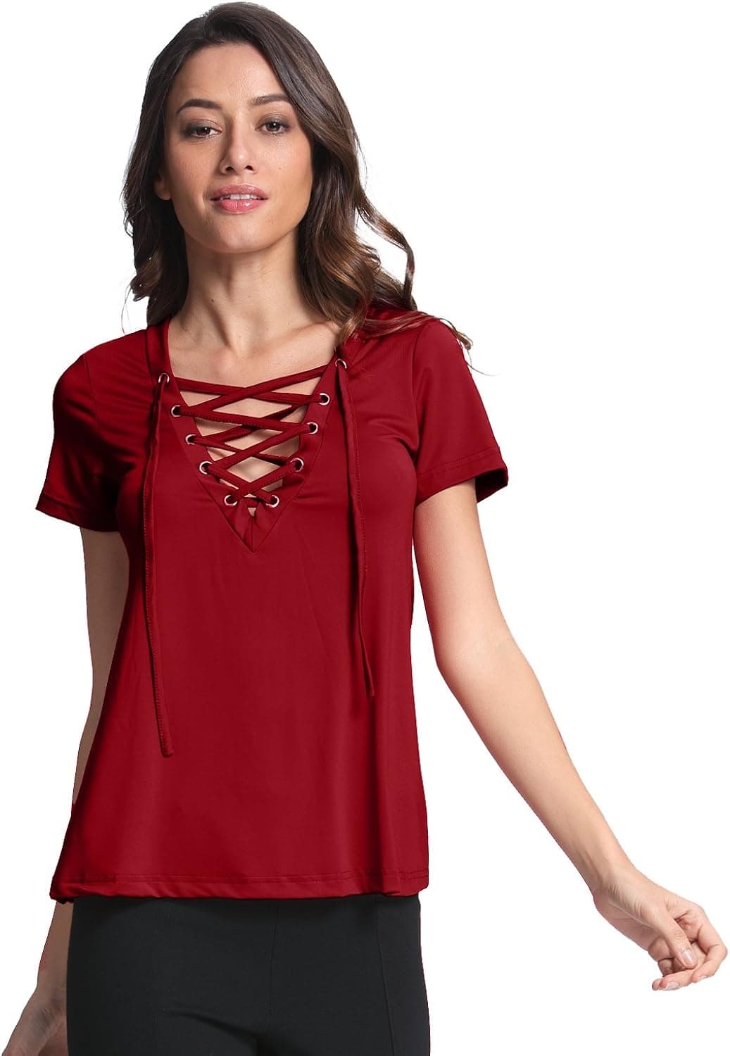 StyleDome Women's Casual V Neck Bandage Short Sleeve Stretch Tops Blouse Tee Shirt Wine Red US 10