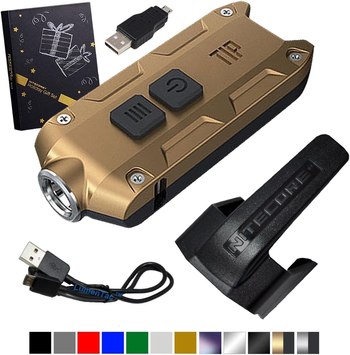 TIP 2017 Gift Set Rechargeable 360 Lumens LED Keychain Flashlight in Gold/Grey & Silver/Grey Options with Lumen Tactical USB Charging Cable (Gold/Grey)