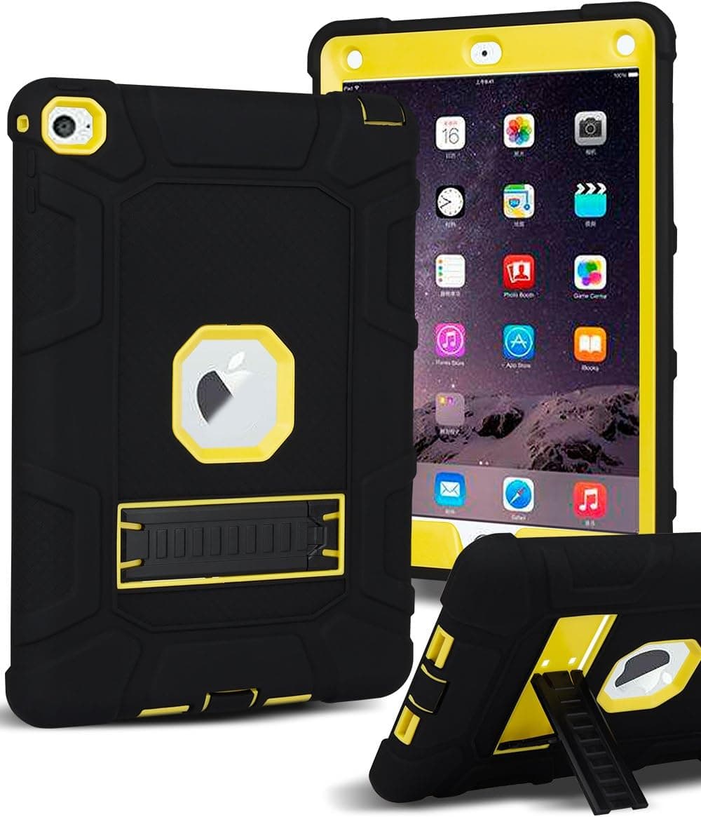 SKYLMW iPad Air 2 Case, Shock-Absorption Rugged Triple-Layer Shock-Resistant Drop Proof Defender Case Cover with Kickstand for Apple iPad Air 2 with Retina Display,Black Yellow