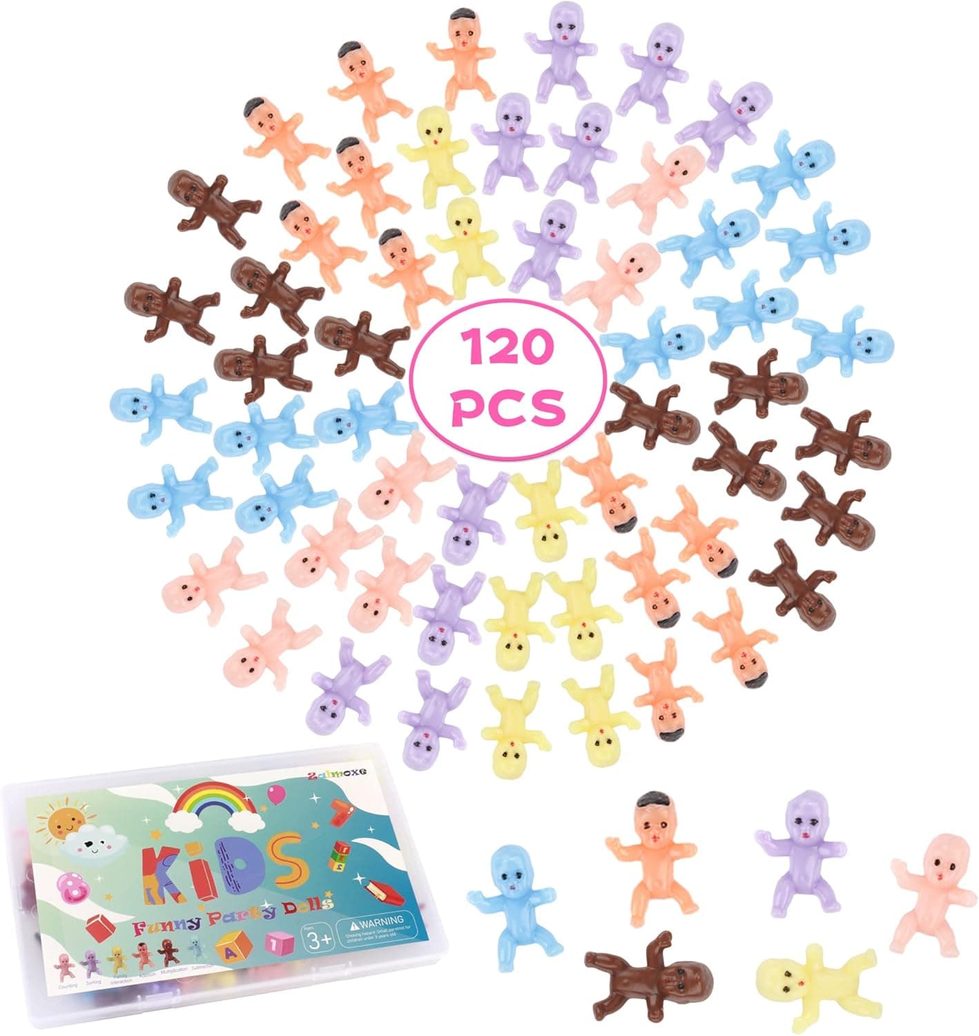 Zalmoxe Mini Plastic Babies 120 Pcs Tiny Baby Figurines Small King Cake Babies Bulk for Ice Cube Game Baby Shower Party Favors Decorations Dolls 1 Inch Little Babies(6 Colors)
