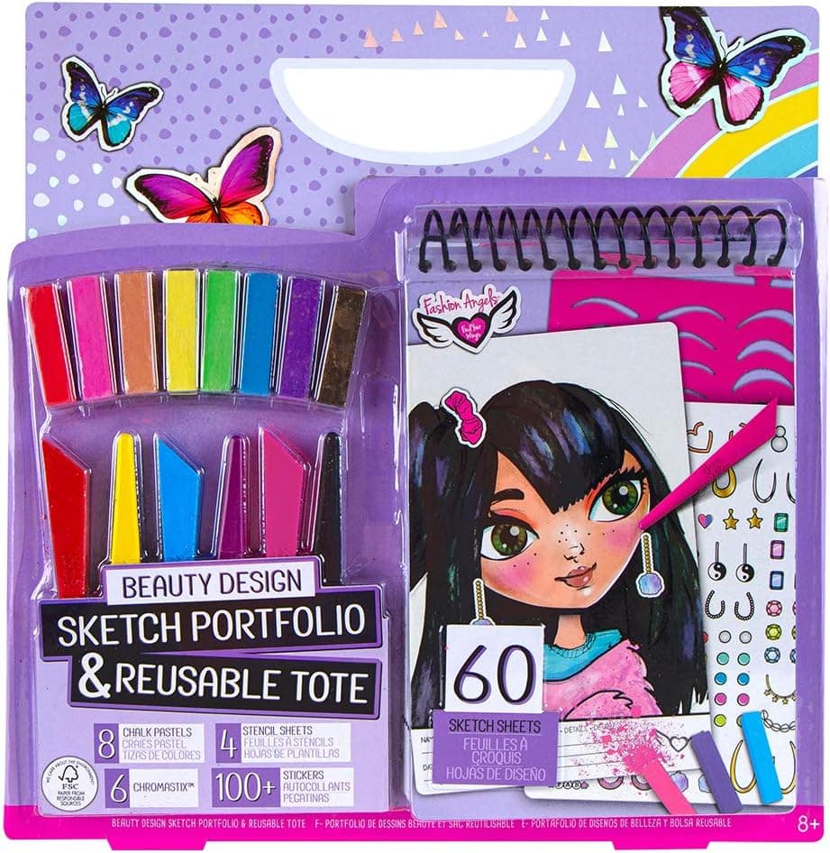 Fashion Angels Beauty Sketch Portfolio & Carry Keeper (12604), Beauty Coloring Book, Carry Tote, Includes Markers & Crayons, 100 Stickers, for Kids Ages 8 and Up