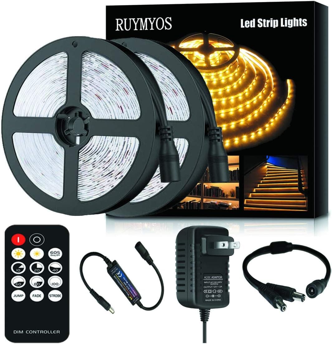 RUYMYOS 33ft 10M Dimmable Led Strip Lights, 12V 2835 600LEDs Led Tape Light, 3000K Warm White Under Cabinet Lighting Strip,360° RF Wireless Dimmer and Power Supply Included, Home Kitchen Room Lighting