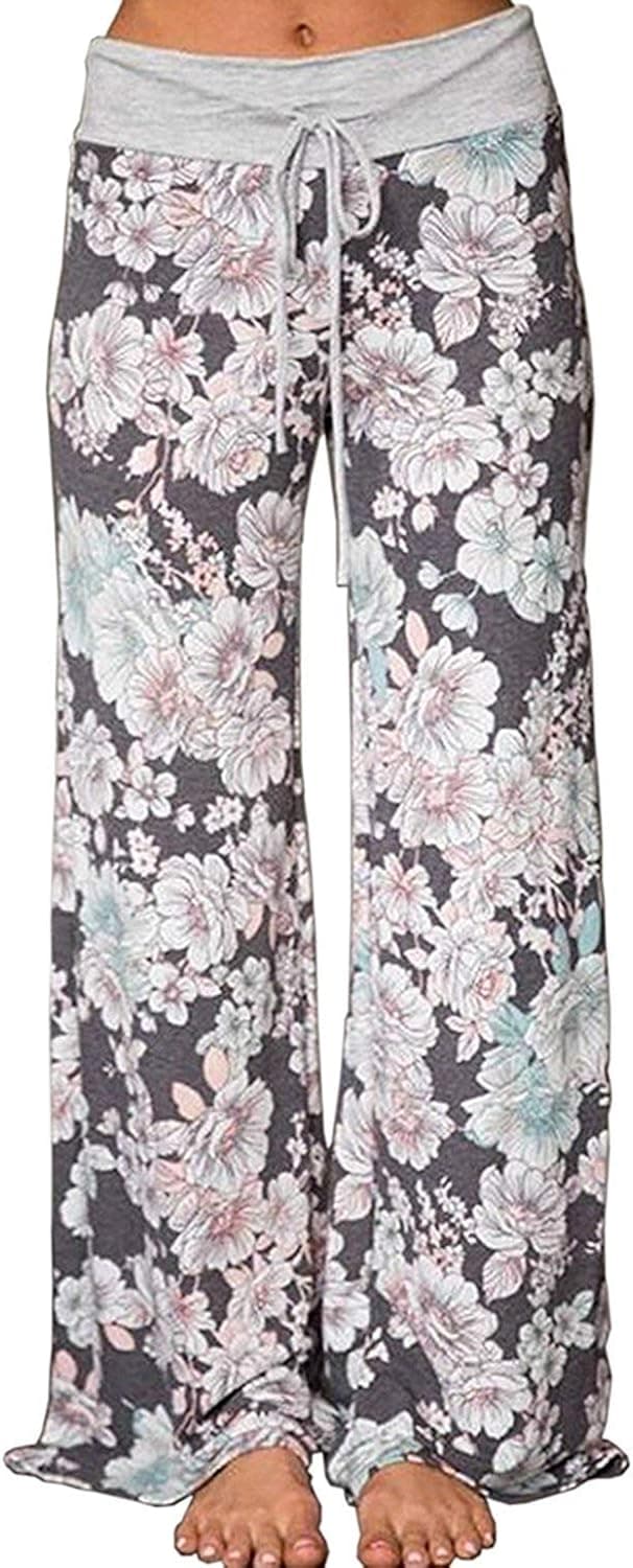 NC Women's Comfy Pajama Pants Floral Print Drawstring Palazzo Lounge Wide Leg Pants