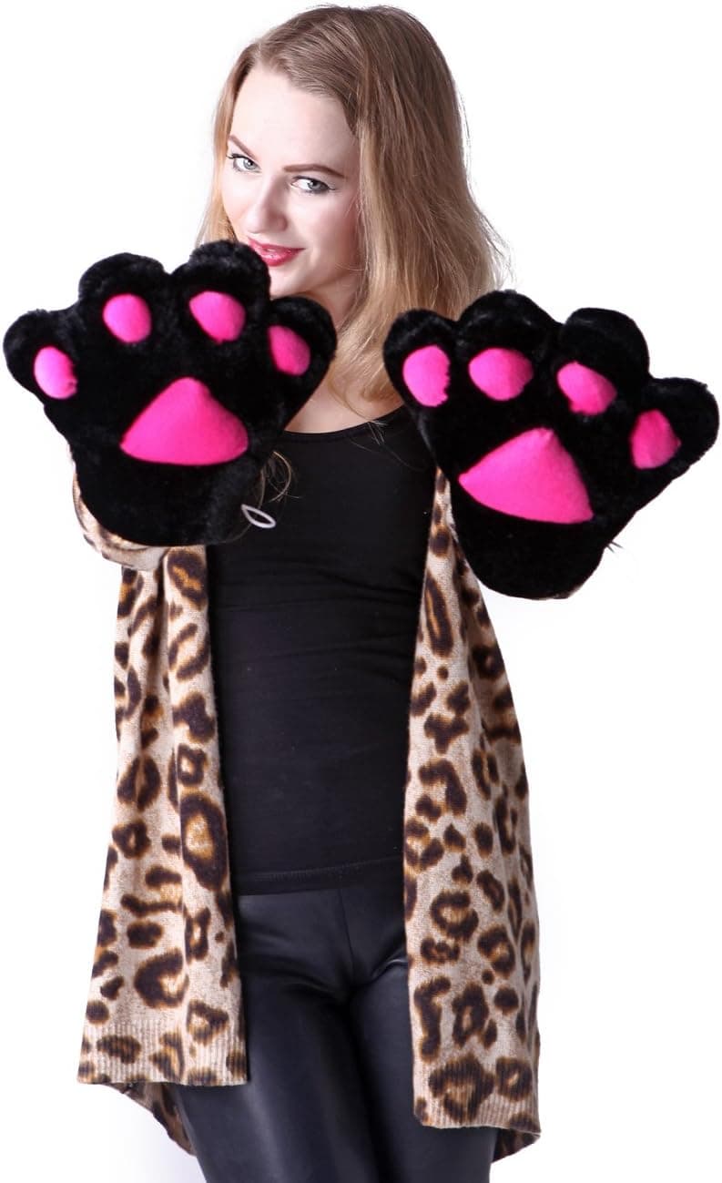 HDE Adult Halloween Costume Cosplay Cute Soft Kitty Cat Girl Paw Gloves (Black)
