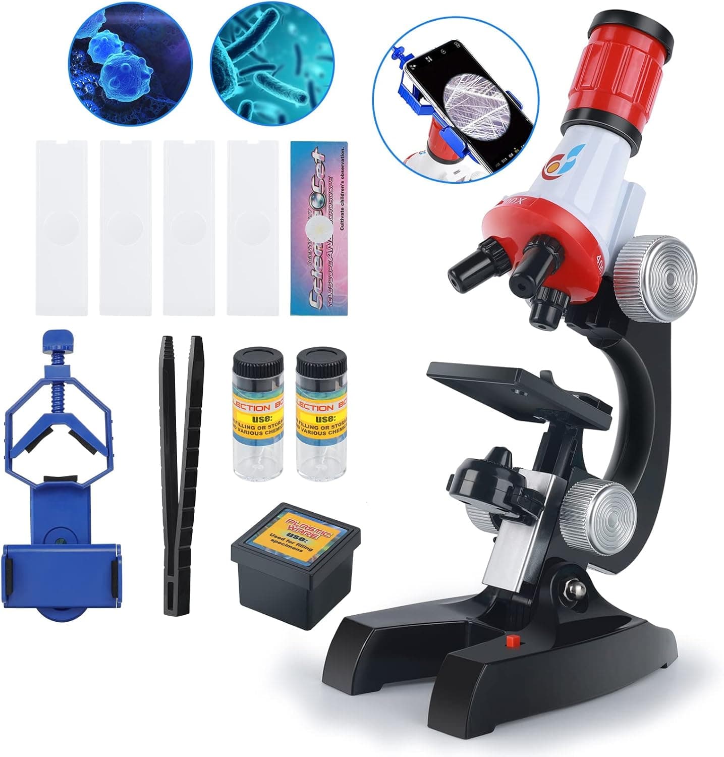 MMUSC Microscope for Kids, Microscope Kit for Kids 8-12, Kids Microscope Science Kit for Student Beginners Educational Stem Toys with Led 100x-1200x Magnification, Blank Slides for Boys Girls Age 4+
