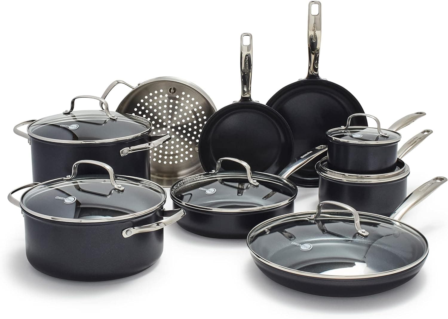 GreenPan Chatham Black Prime Midnight Hard Anodized Healthy Ceramic Nonstick, 15 Piece Cookware Pots and Pans Set, PFAS-Free, Dishwasher Safe, Oven Safe, Black