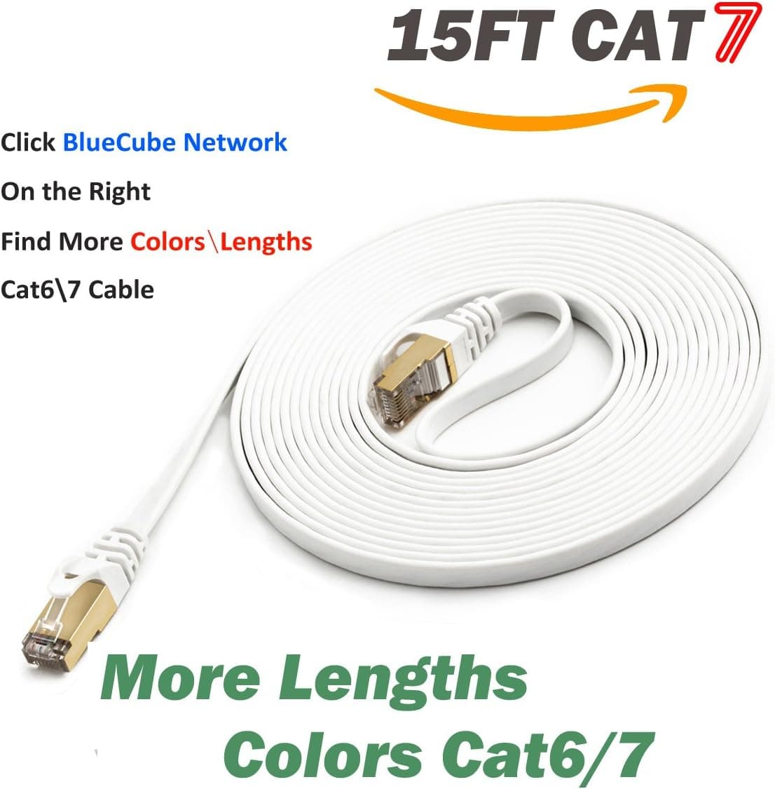 BlueCube Network - Flat CAT7 Ethernet Cable, Flat 15 Feet White, 600MHz Shielded SSTP Bare Copper Flat Ethernet Patch Cable, Internet Cable, Network Cable with Snagless RJ45 Connectors - 15 Feet White