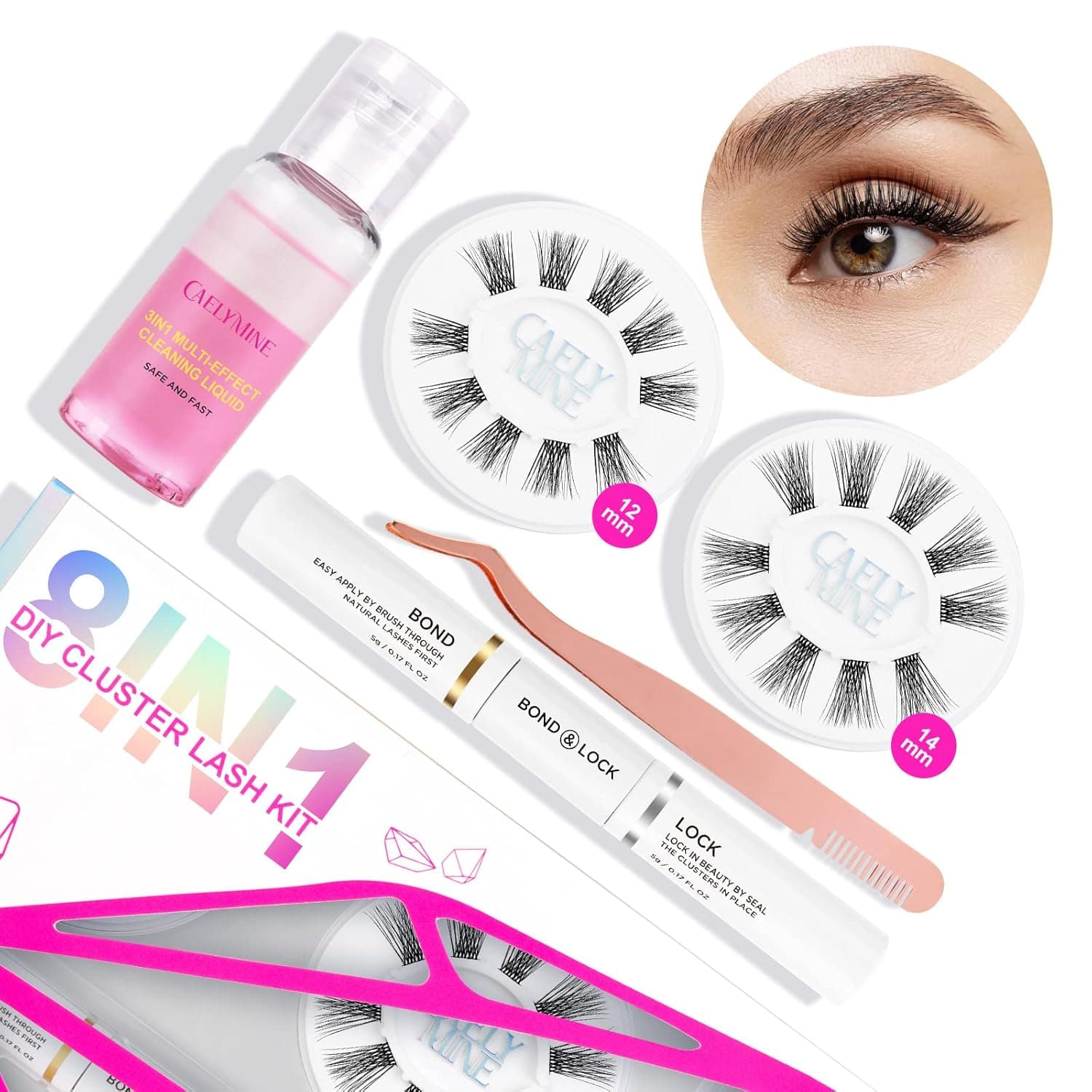 CAELYMINE DIY Lash Extension Kit With 12/14mm cluster lash, Eyelash Extension Wisp Applicator Applicator and Bond & Seal, Eyelash Extension Remover(703)