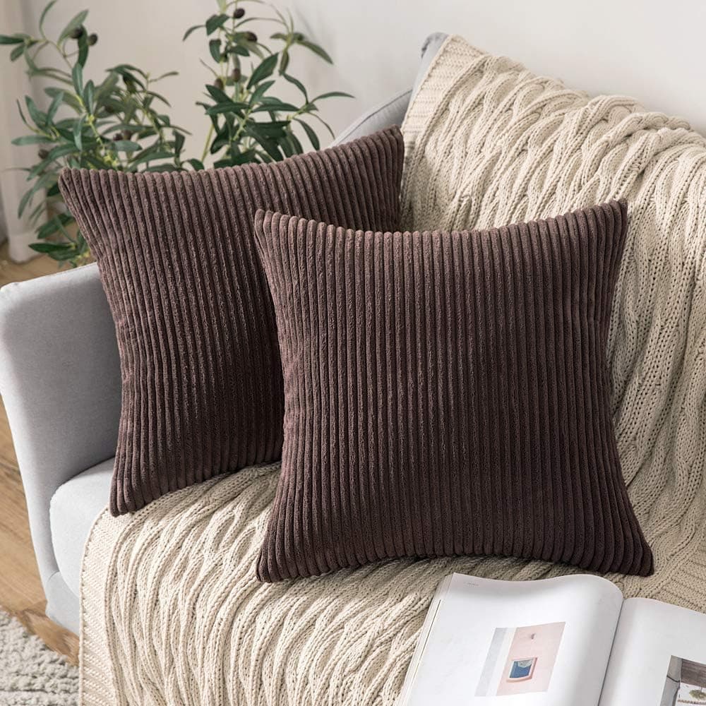 MIULEE Decorative Throw Pillow Covers Pack of 2 Corduroy Soft Soild Pillow Cases Square Pillowcases for Cushion Couch Sofa Bedroom Living Room 18 x 18 Inch, Chocolate