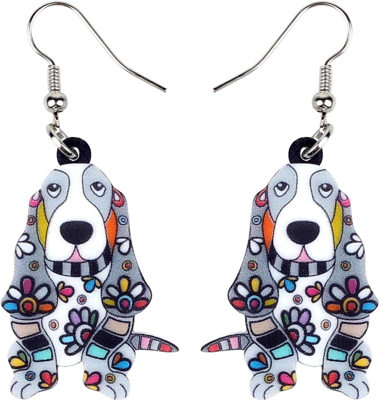 DOWAY Acrylic Floral Cartoon Basset Hound Dog Earrings Dangle Drop Cute Pet Jewelry for Women Girls Teens Charm Gift (Grey)
