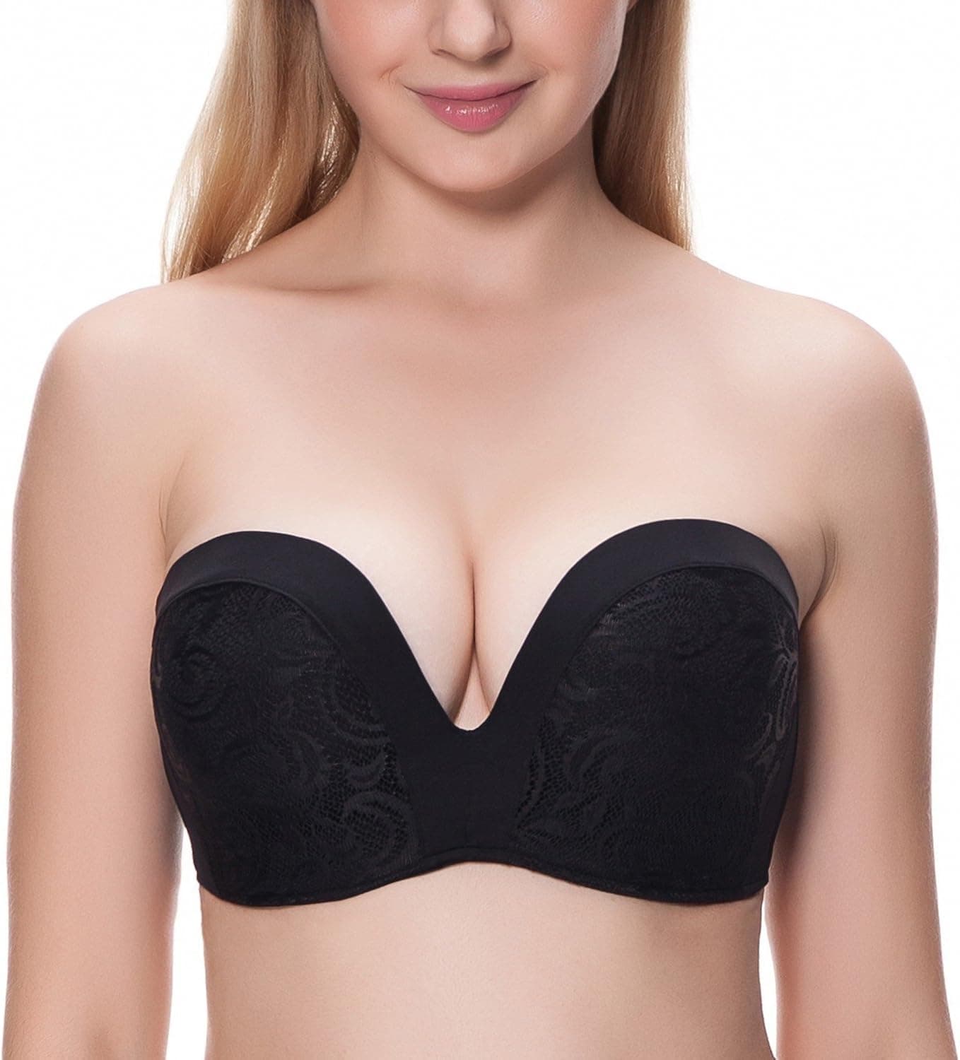 DELIMIRA Women's Slightly Lined Lift Great Support Lace Strapless Bra Black. 38D