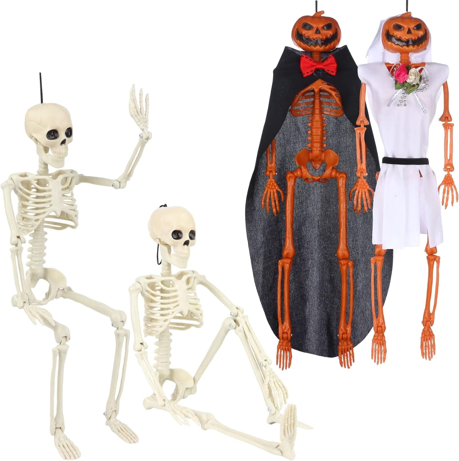 4 Pieces Halloween Pumpkin Head Skeleton 16 Inches Full Body Posable Halloween Skeleton Halloween Full-body Skeleton with Bride and Groom Accessories for Halloween Cemetery Haunted House Decoration