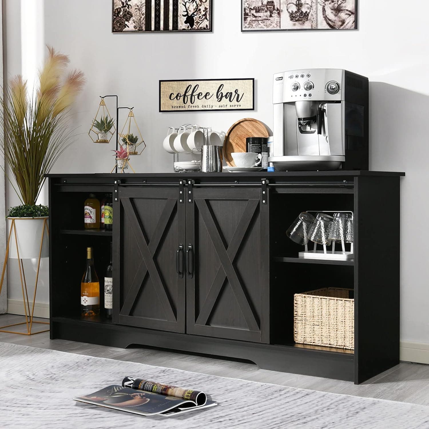 4 EVER WINNER Buffet Cabinet with Storage and Barn Doors, Farmhouse Coffee Bar Cabinet Sideboard Buffet Storage Cabinet for Living Room Dinning Room Kitchen Storage Cabinets, Espresso