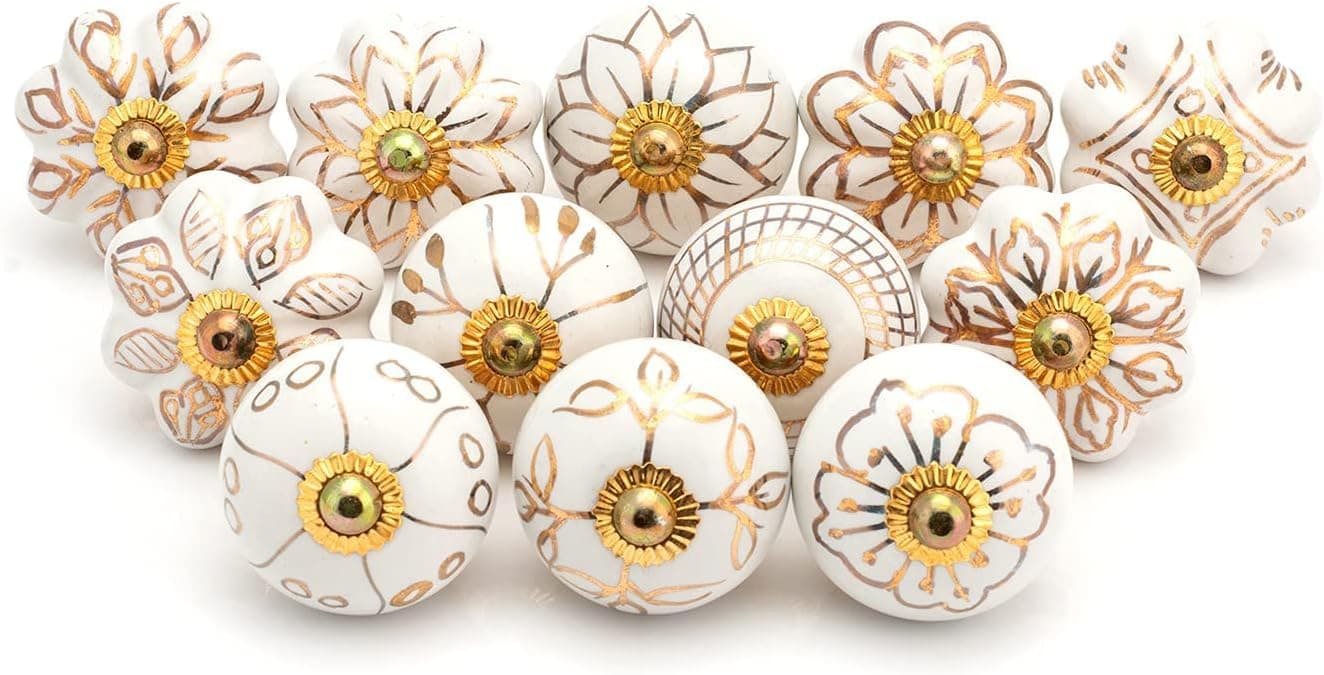 Indian Haat Bazaar Gold Cabinet Knobs - Indian Handmade Assorted Mix Design Drawer Pull Handle for Kitchen Cupboard Wardrobe with Brass Hardware - Set of 12 D: 1.7 x L: 2.5 Inches