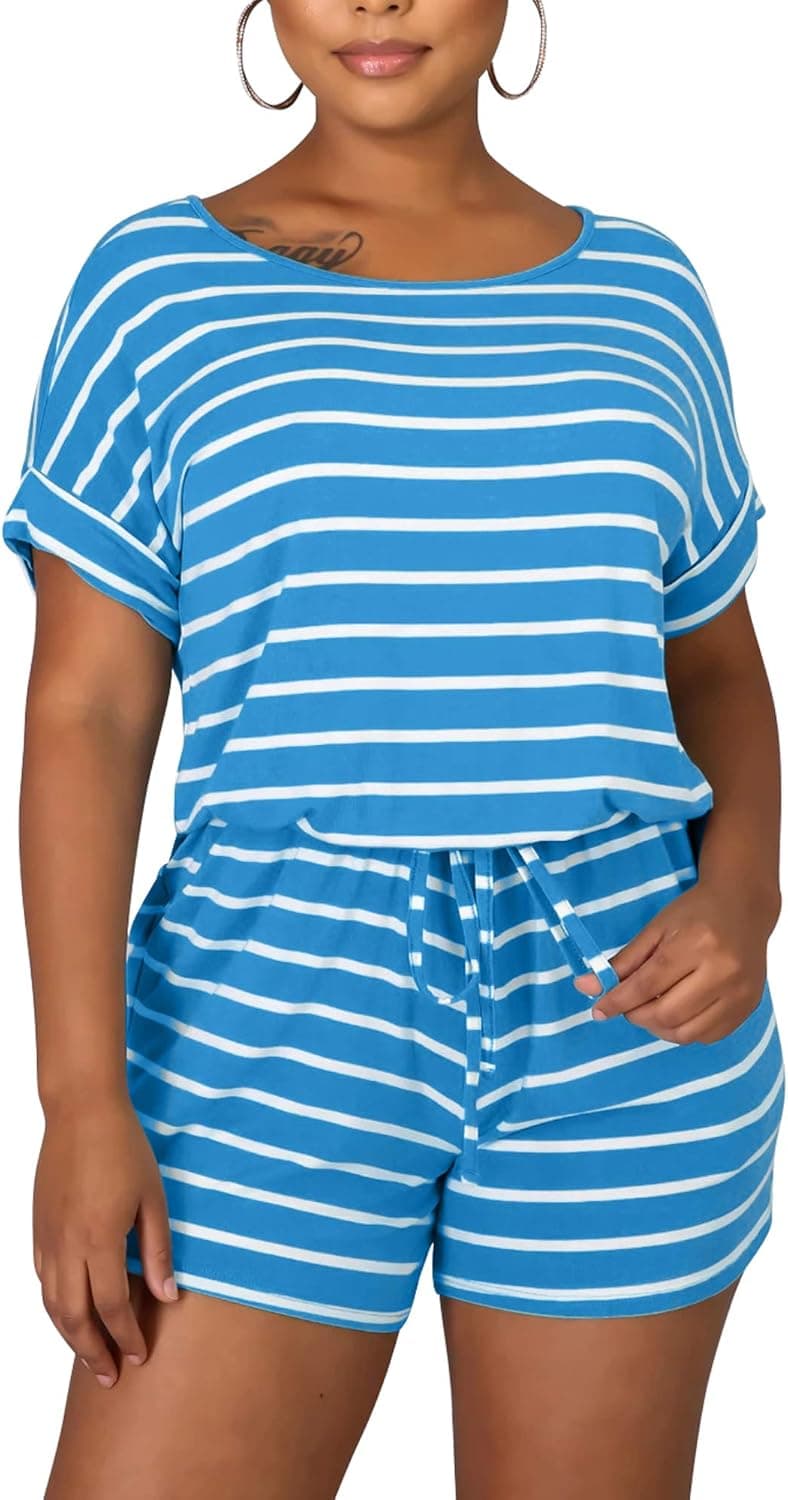HOCILLE Women's Off Shoulder Striped Rompers Basic Casual Loose Jumpsuit with Pockets