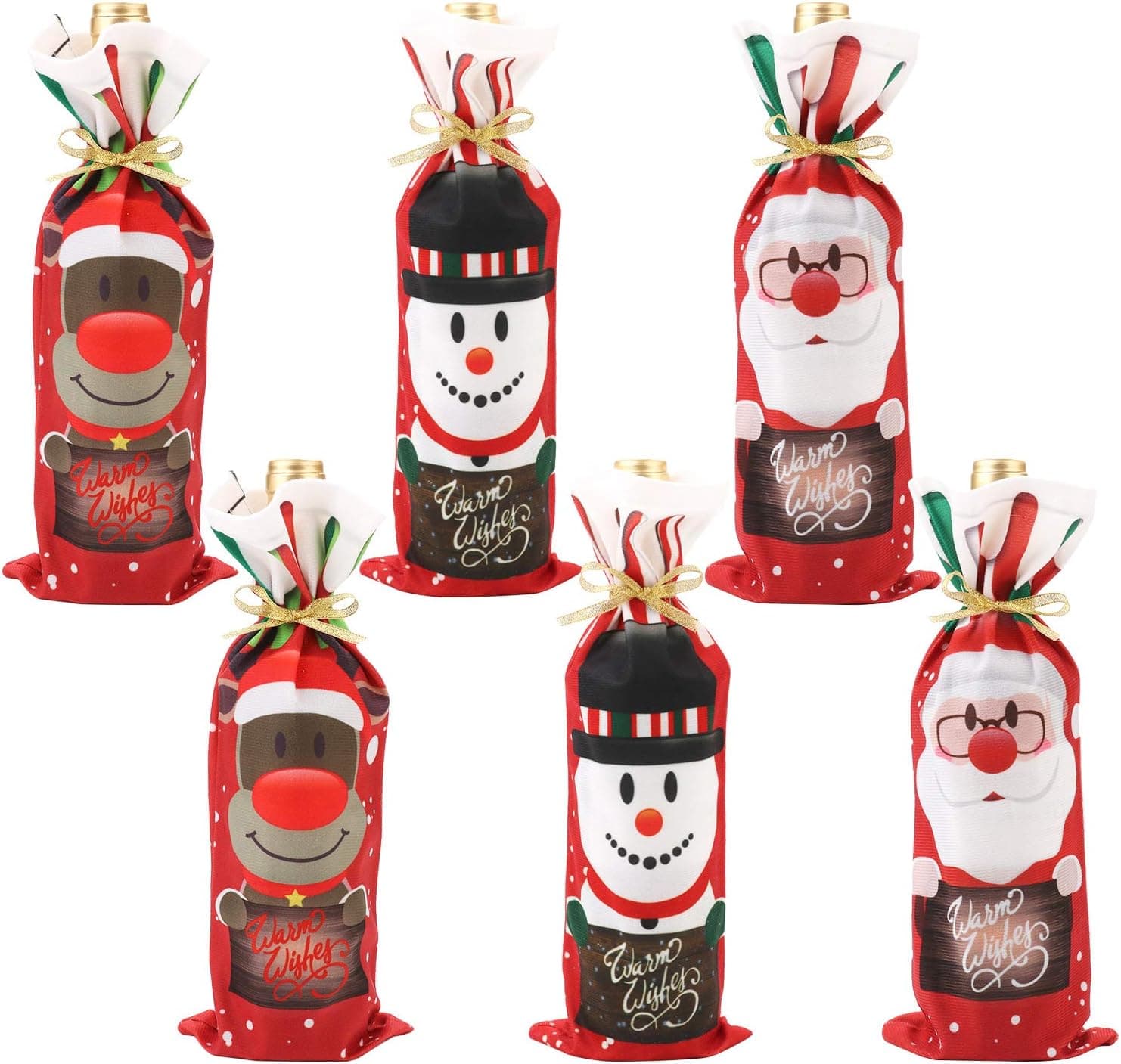 Christmas Wine Bottle Bags, Outgeek 6PCS Xmas Red Wine Bottle Cover Bags with Drawstrings Santa Snowman Elk Wine Bottle Decor Bag Covers for Christmas Dinner Wine Tasting Party Table Decorations