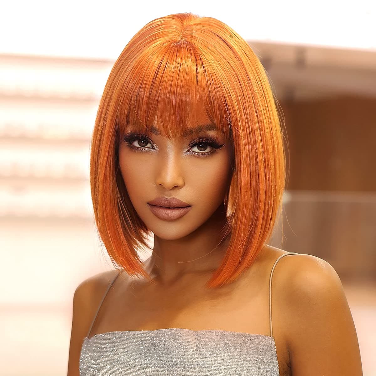 colorful panda Bob Short Orange Wigs for Women with Bangs Colored Silky Straight Heat Resistant Synthetic Colorful Hair Costume Cosplay Party Halloween or Daily Use Wig 12" (Orange)
