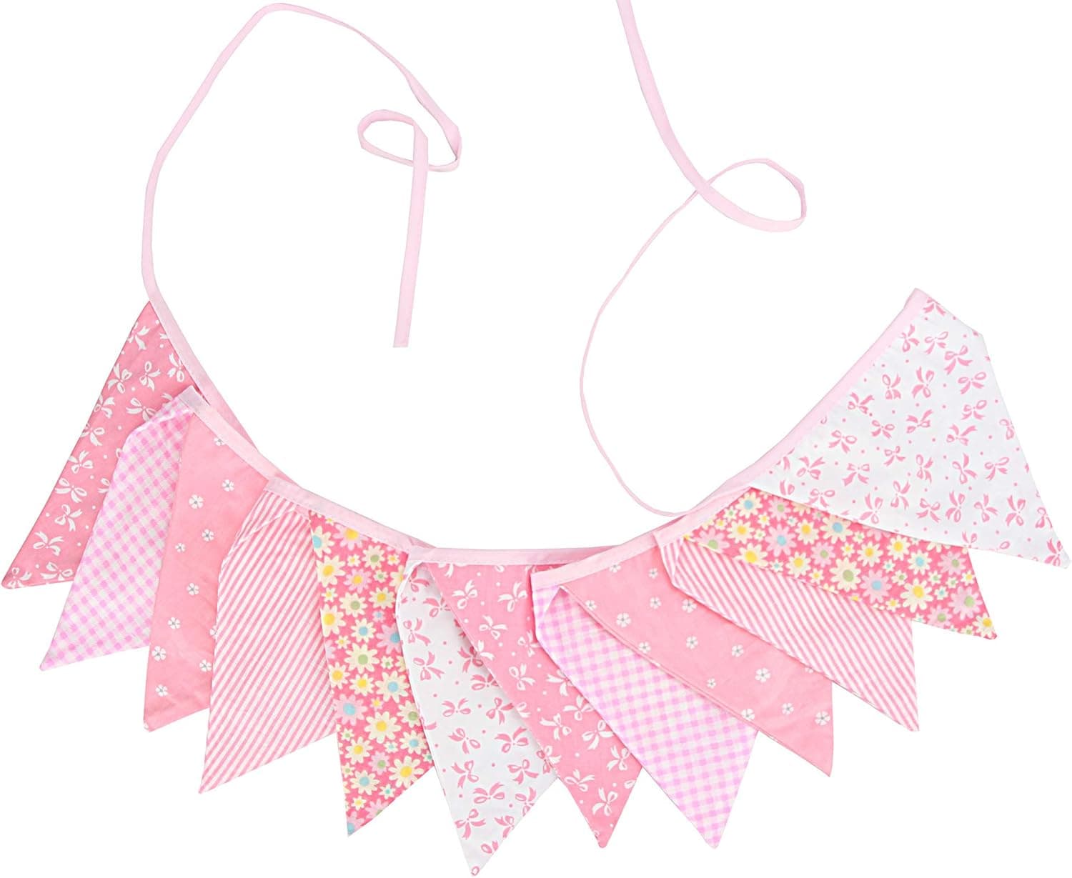 INFEI 3.2M/10.5Ft Vintage Floral Fabric Flags Bunting Banner Garlands for Wedding, Birthday Party, Outdoor & Home Decoration (Baby Pink)