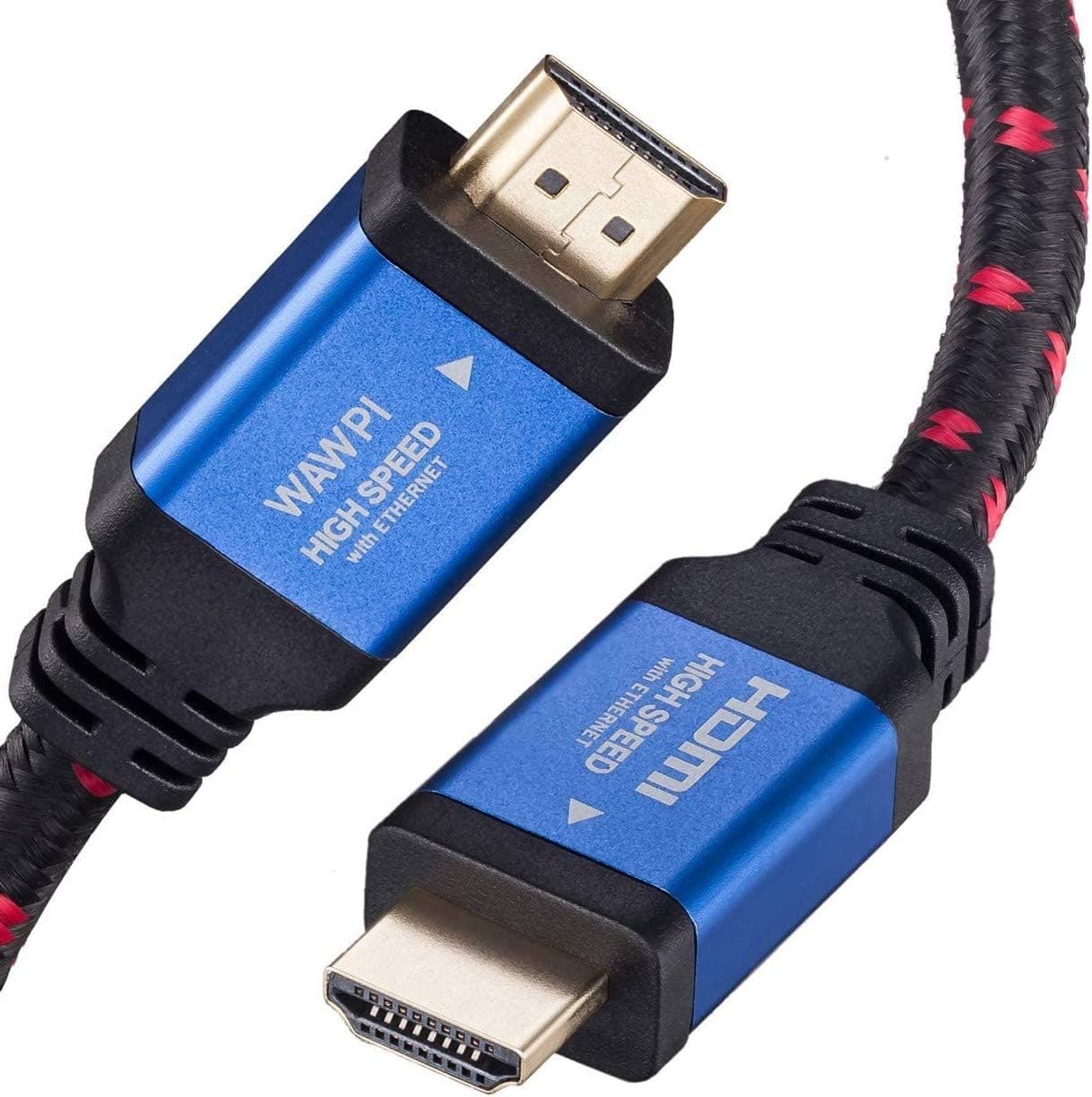 WAWPI HDMI Cable HDMI 2.0 (4K) 26AWG Braided Cord - High Speed 18Gbps - Gold Plated Connectors - Ethernet, Audio Return - Video 4K 2160p, HD 1080p, 3D for Gaming PC TV (15 ft)
