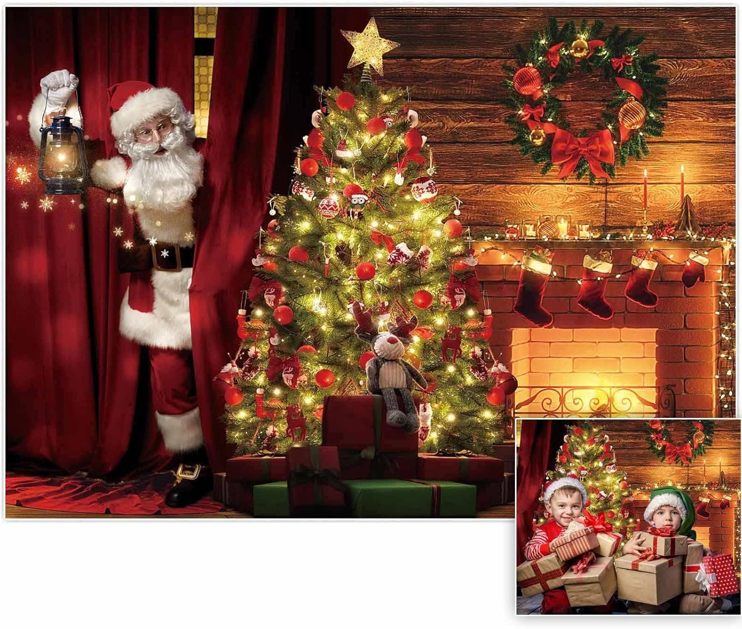 Allenjoy Christmas Photography Backdrop Santa Claus Winter Xmas Tree Fireplace Background Vintage Holiday Photobooth Portrait Party Banner Festival Photo Studio Mini Session Props Supplies 7x5ft
