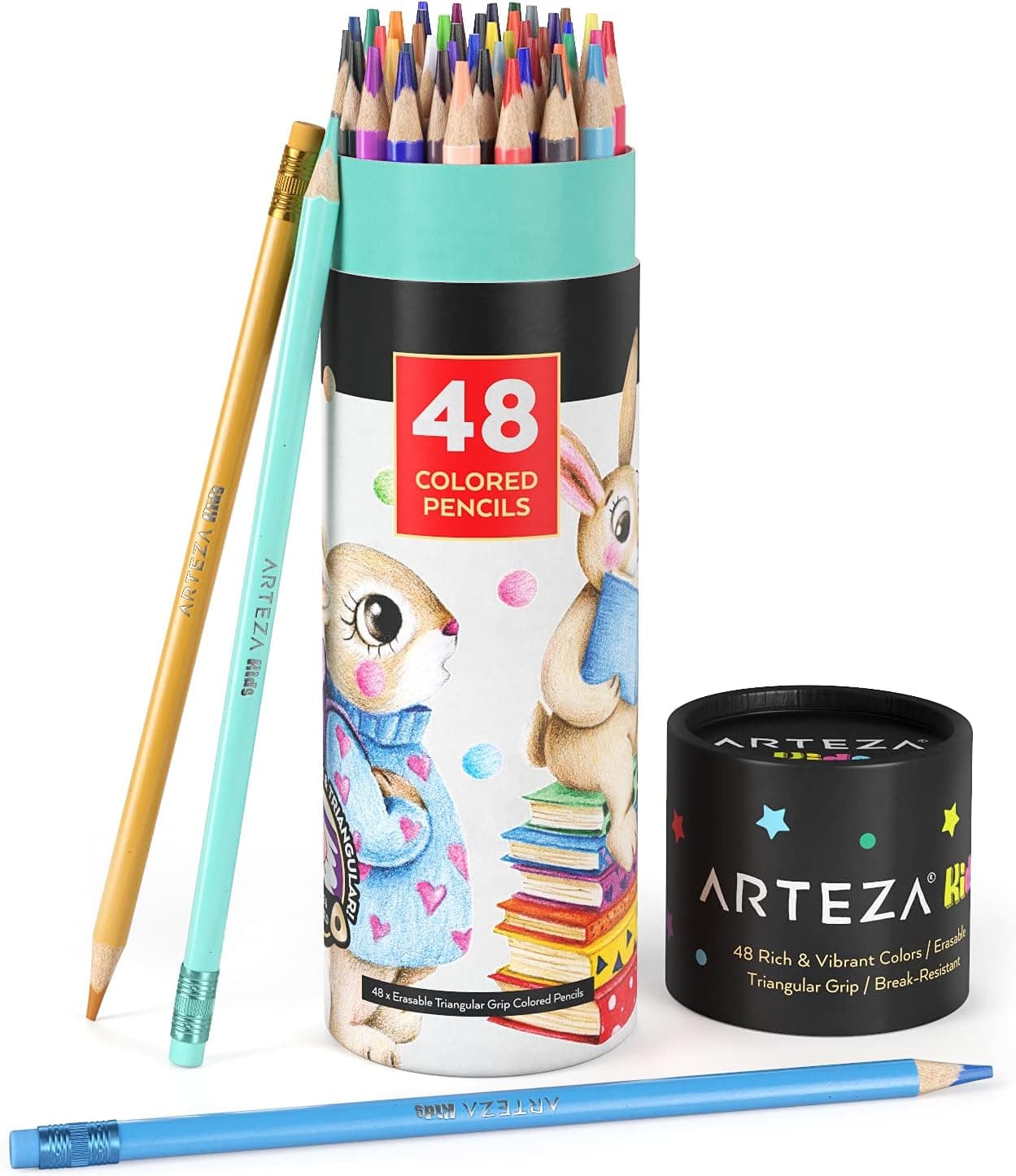 Arteza Kids Erasable Colored Pencils, Set of 48, Triangular Pencil Crayons, Pre-Sharpened, Art Supplies for School, Home, Doodling, and Drawing