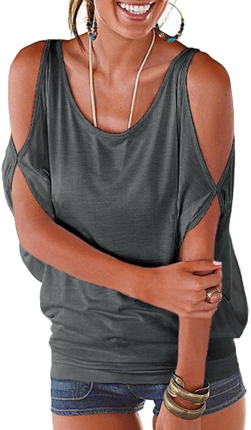 Womens Summer Cold Shoulder Tops Short Sleeve T Shirts Pullover Casual Dolman Blouses