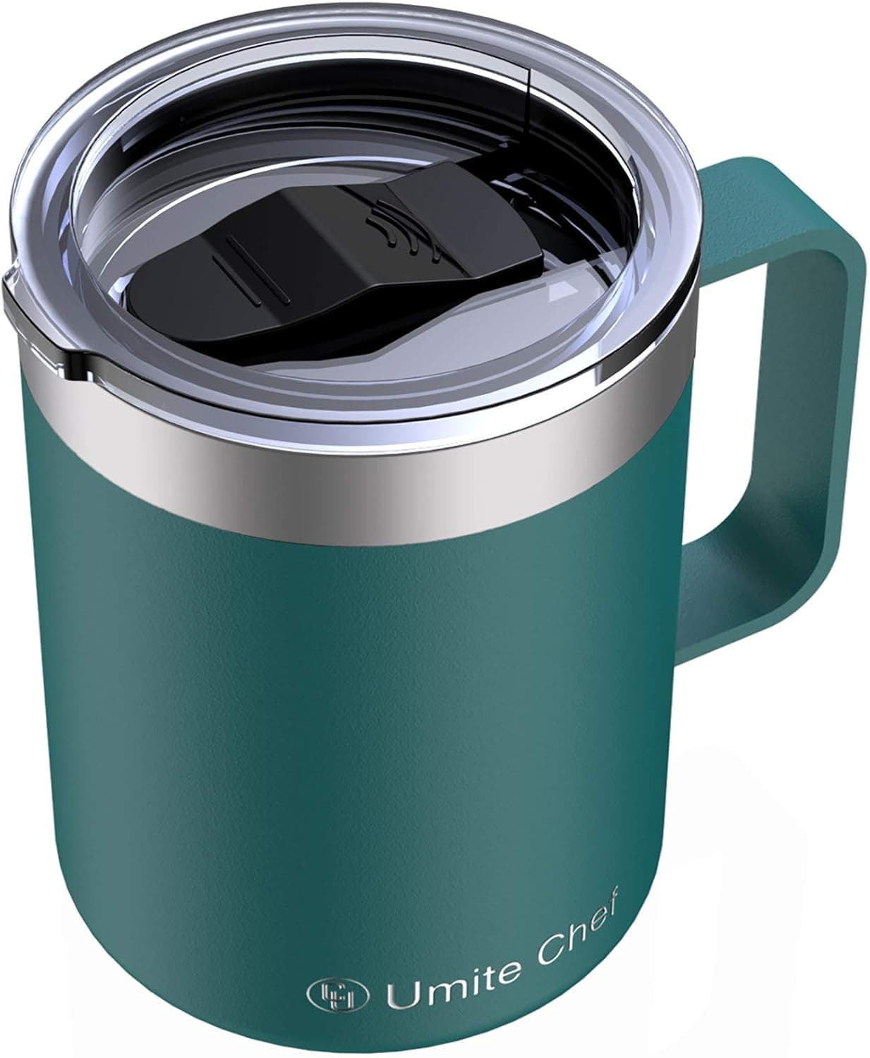 Umite Chef Stainless Steel Insulated Coffee Mug Tumbler with Handle, 12 oz Double Wall Vacuum Tumbler Cup with Lid Insulated Camping Tea Flask for Hot & Cold Drinks（Dark Green）