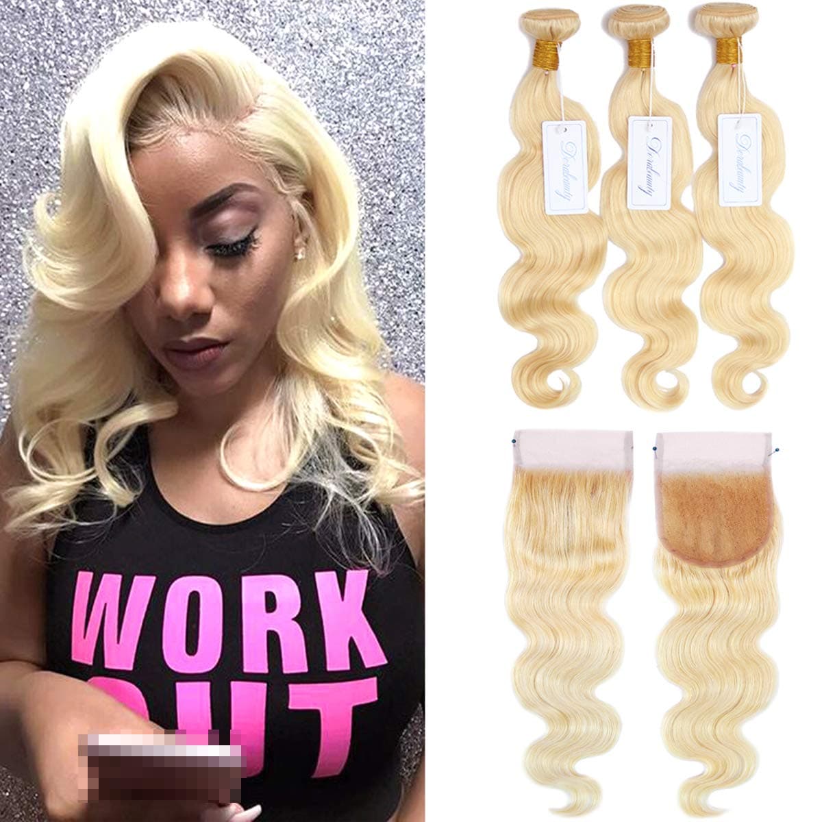 Dorabeauty #613 Platinum Blonde 4×4 Lace Closure with 3 Bundles 100% Brazilian Remy Human Hair (8"Closure +10"12"14"Bundles, Body Wave Blonde)