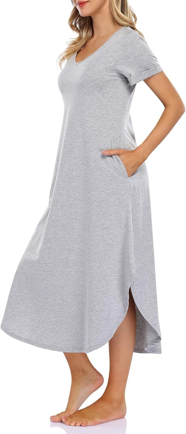 Coolmee Womens Cotton Nightgowns Short Sleeve Soft Sleepwear with Pockets Grey X-Large