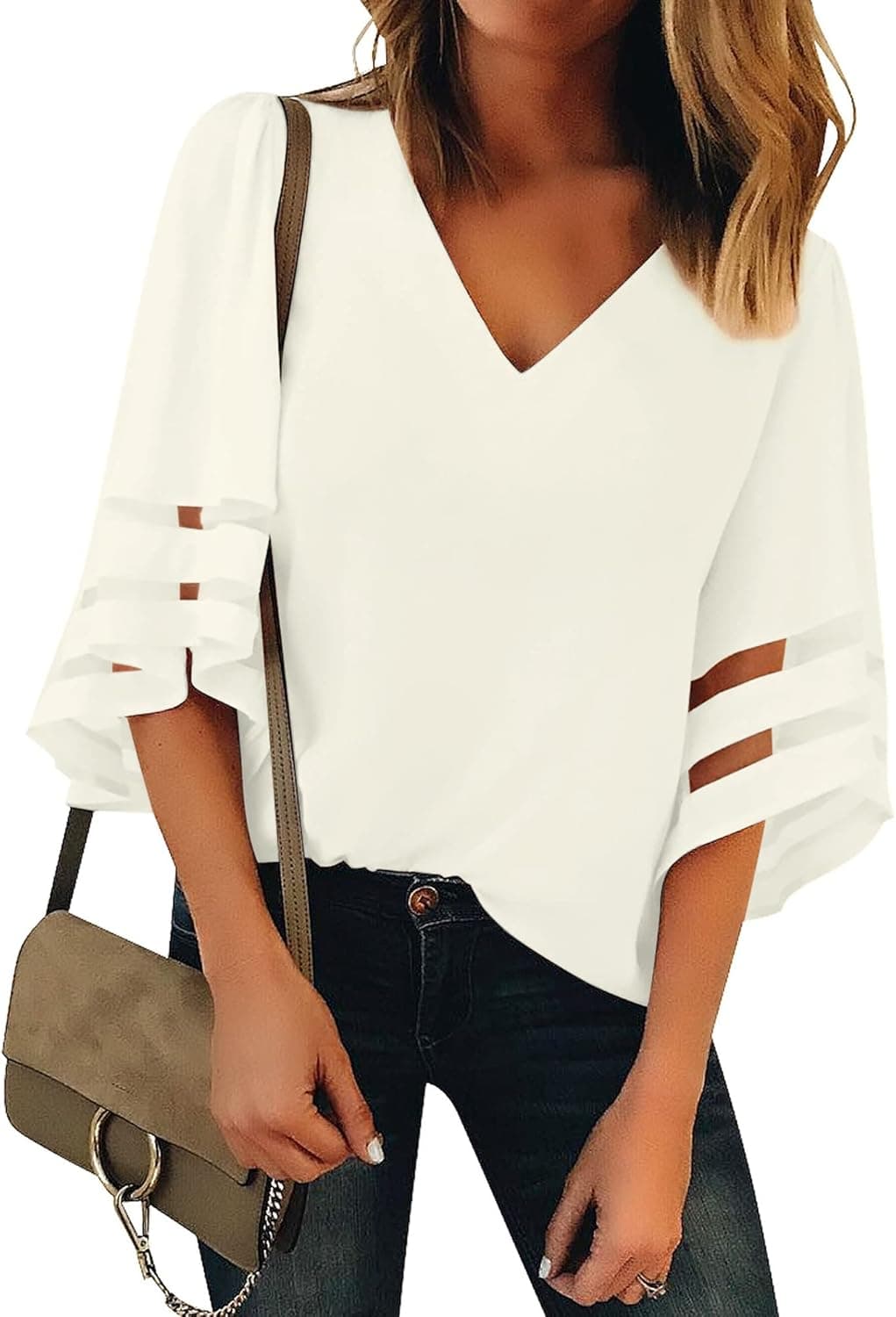 Vetinee Women's 3/4 Bell Sleeve Shirt Mesh Panel Blouse V Neck Casual Loose Tops