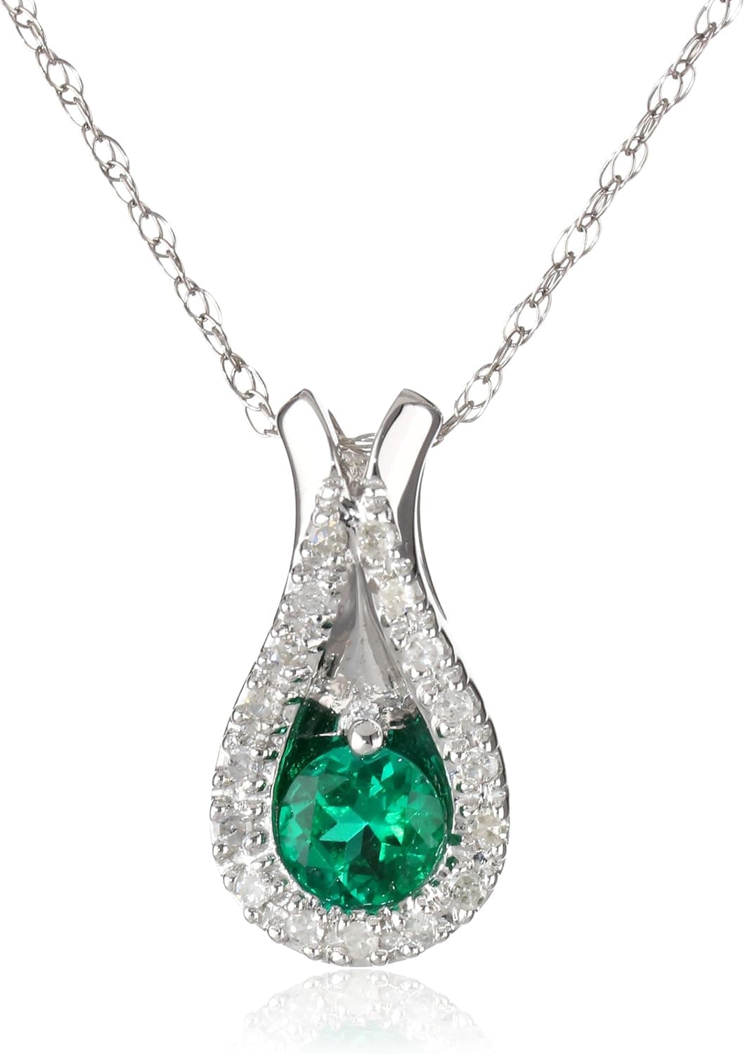 Amazon Collection 10k White Gold Created Gemstone and Diamond Accent Teardrop Pendant Necklace, 18"
