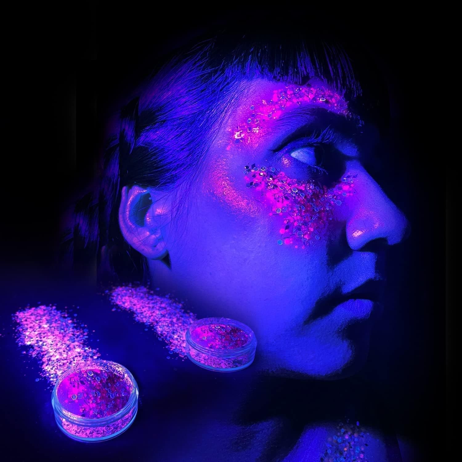 UV Black Light Holographic Chunky Cosmetic Glitter - 2 Individual Pink 30ml Jars - for Crafts, Festival, Rave, Yoga, Body, Face, Nails, Party Makeup - Colors are Ultraviolet Bright