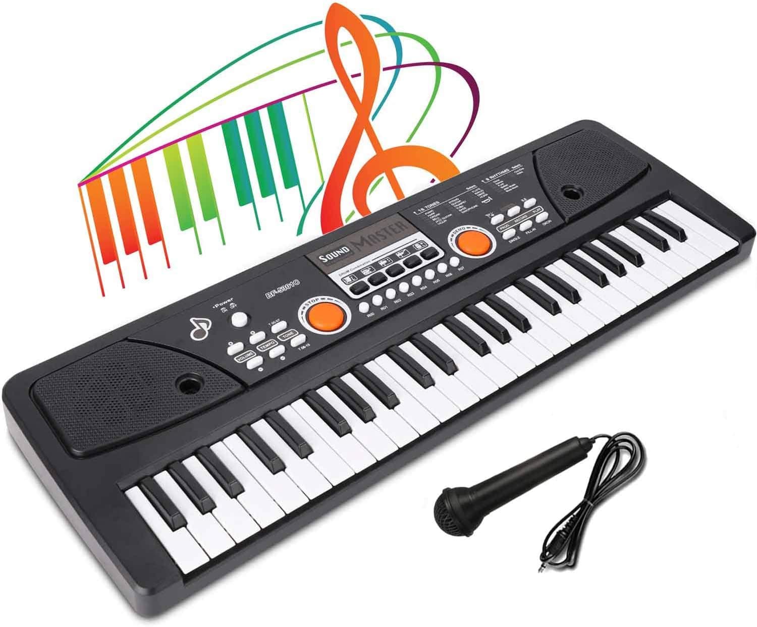 LYBALL Kids Piano 49-Key Keyboard with Microphone Dual Speakers Rechargable Keyboard Multi Functional Piano for Kids 20.86 Inch (Black)