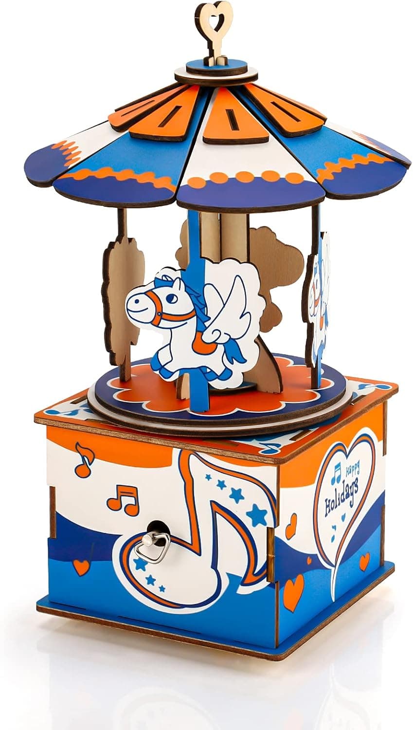 O-CONN 3D Wooden Puzzle Carousel Model Building Kits Rotating 4-Horses Music Box Christmas Birthday Gift for Kids Girls Daughter Wife Girlfriend