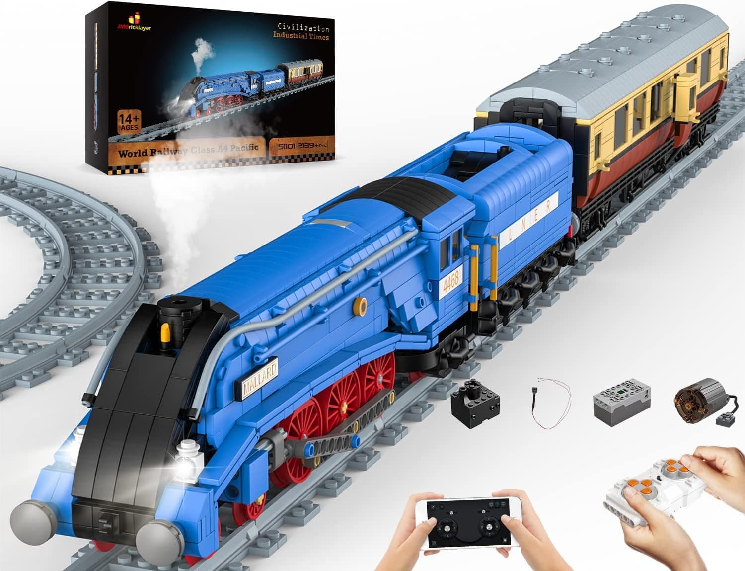 JMBricklayer Model Train Building Blocks Sets, Remote Control Train Model Building Kits with Train Tracks, Steam Train Sets for Adults, Gifts for Teens Age 14+/Adults(2139 Pieces, APP Remote Control)