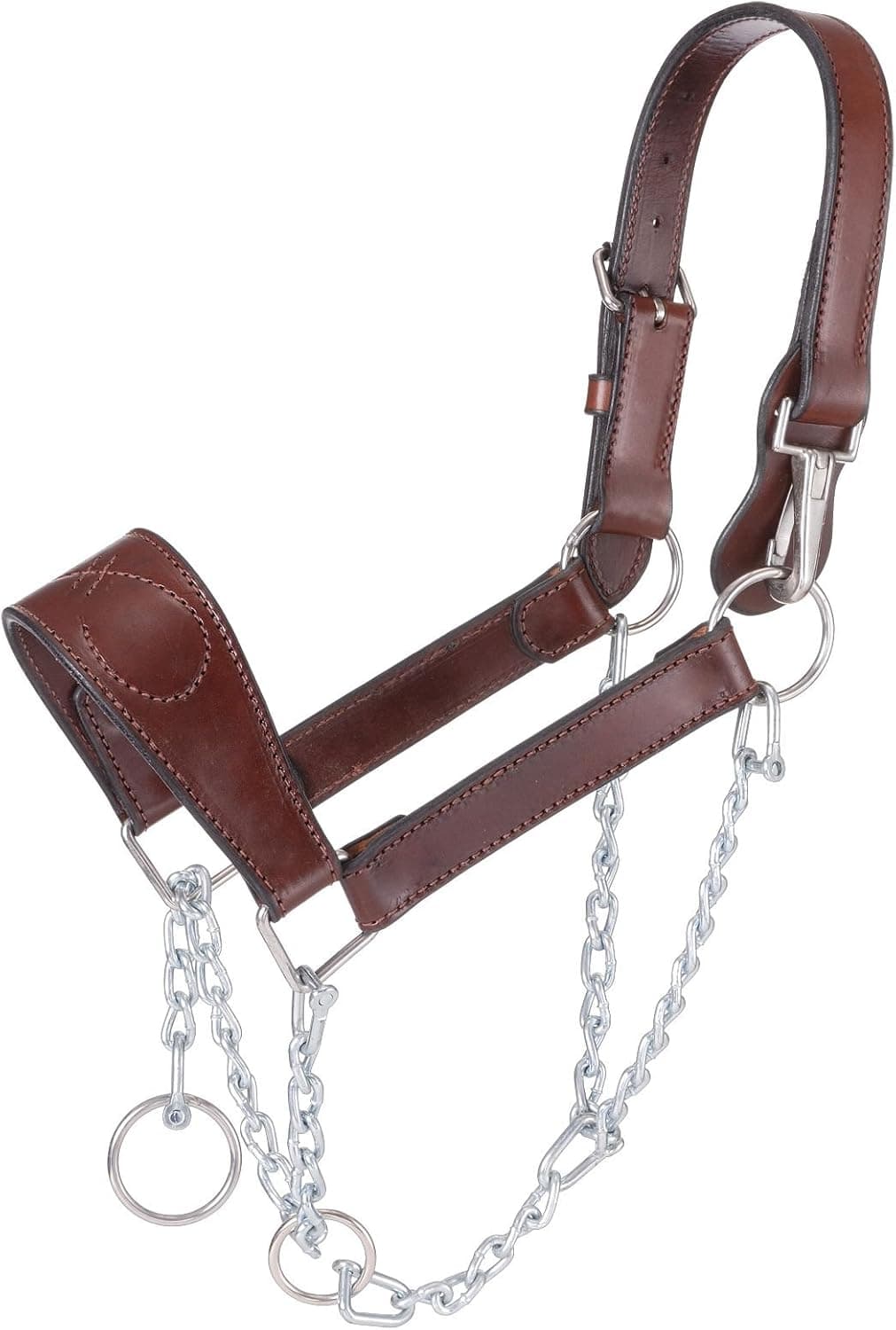 Tough 1 Leather Mule Halter with Draw Chain, Brown