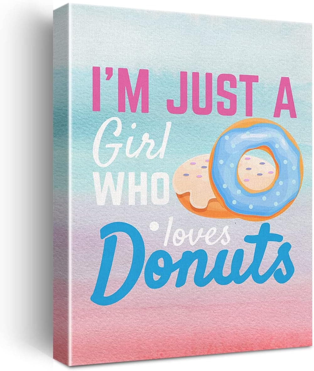 Just a Girl Who Loves Donuts Quote Funny Wall Art Canvas for Women Girl Colorful Pink Donut Prints Framed Home Artwork Wall Decor 11.5" x 15"
