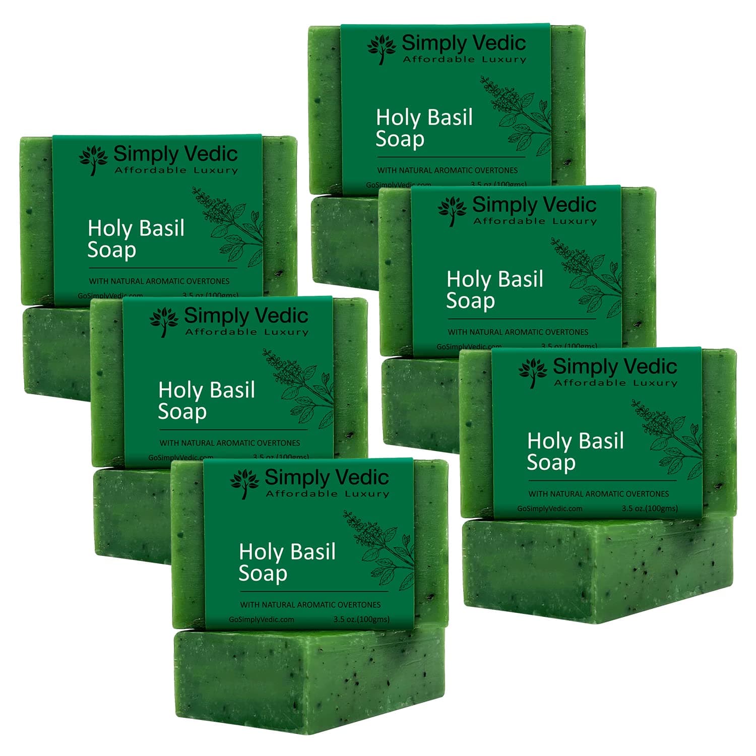 Simply Vedic 6-Pack Holy Basil/Tulsi Soap Bar For Body, Hand, Face. Made With Holy Basil Essential Oil, Cold Pressed With Coconut Oil, Hand-Made, Gift Set For Men & Women (3.5 Oz. X 6).