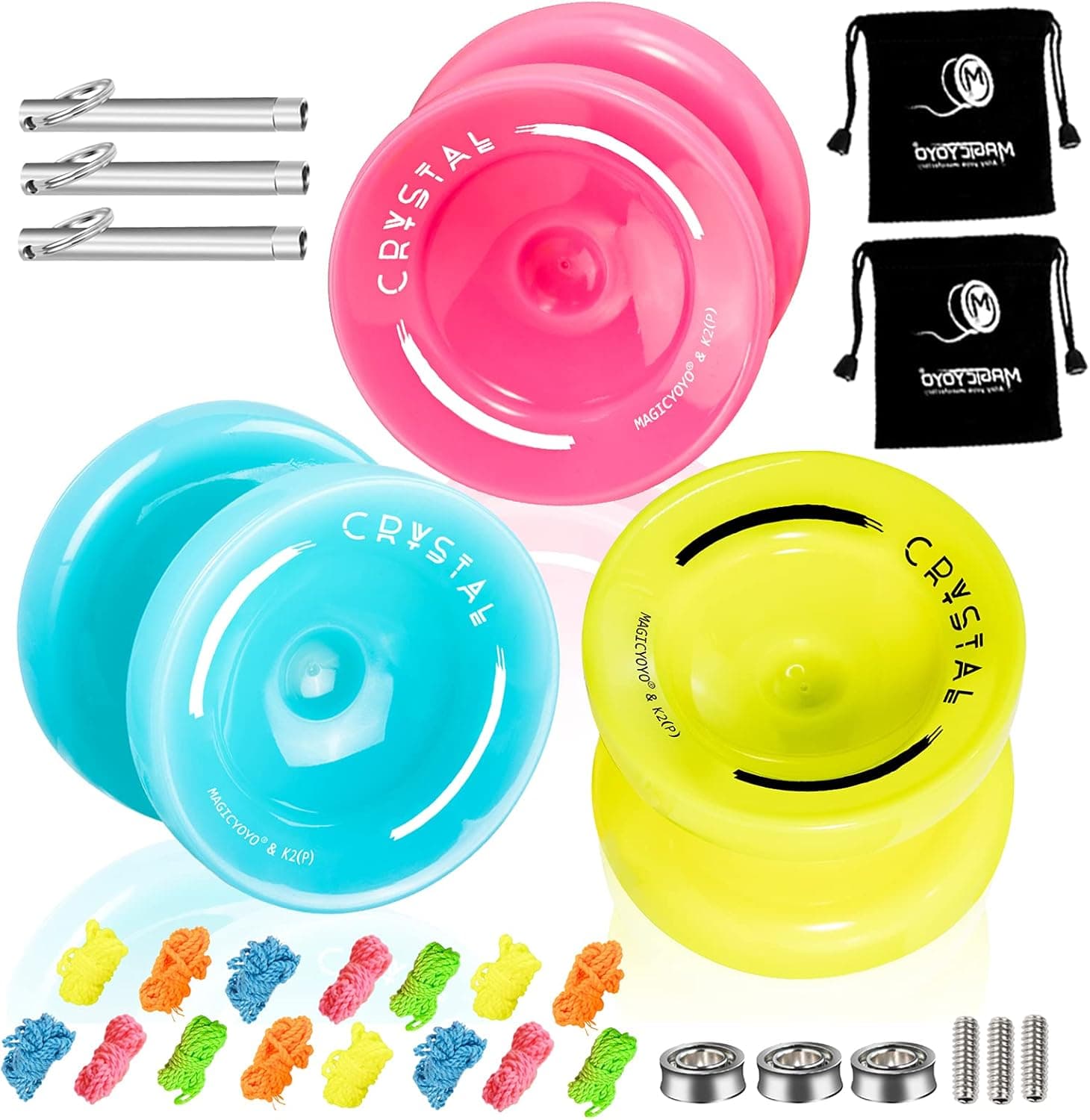 MAGICYOYO Professional Responsive Yoyo K2, 3 Pcs Plastic Yoyo for Kids Beginner, Bonus Replacement Unresponsive Yoyo Bearing for Advanced Players + Removal Bearing Tool + 3 Bags + 15 Yoyo Strings