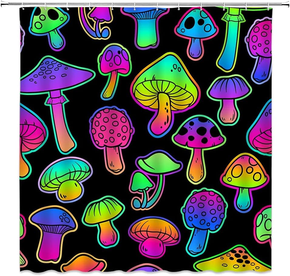 Mushroom Shower Curtain Abstract Colorful Natural Plant Black Background Natural Organic Food Polyester Suitable for Bathroom Decoration with 12 Hooks