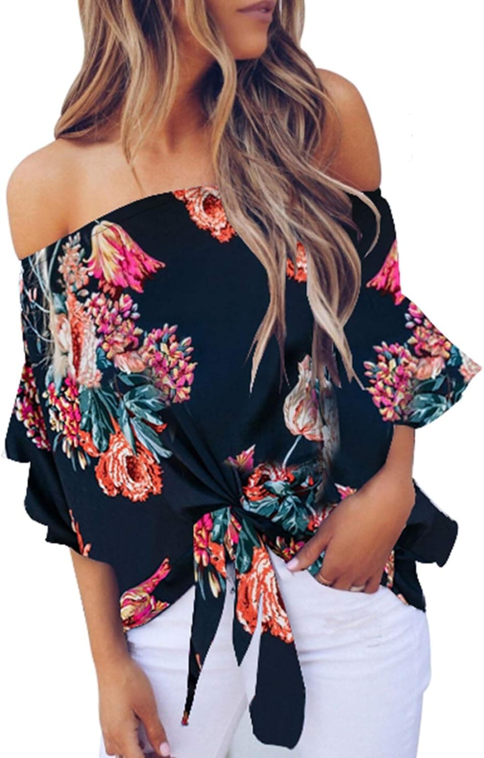 Asvivid Womens Casual Boho Floral Print 3/4 Flare Sleeve Blouses Summer Off The Shoulder Tops Tie Knot Shirts