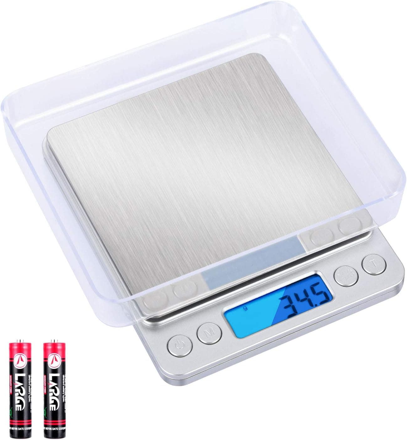 Hundor Digital Kitchen Scale, 3000g-0.1g Pocket Food Scale, Jewelry Scale, Backlit Display, 2 Trays, 6 Units, Auto Off, Tare, PCS, Stainless Steel (Batteries Included)
