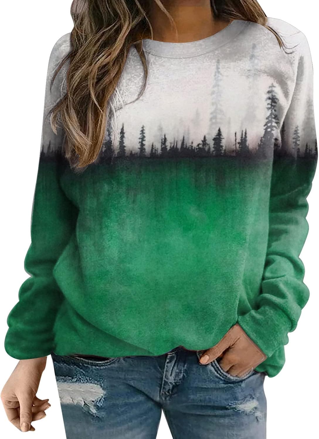 Women Color Trees Print Loose Pullover Tops Round Neck Casual T Shirt Long Sleeve Heavy Sweatshirts for Women