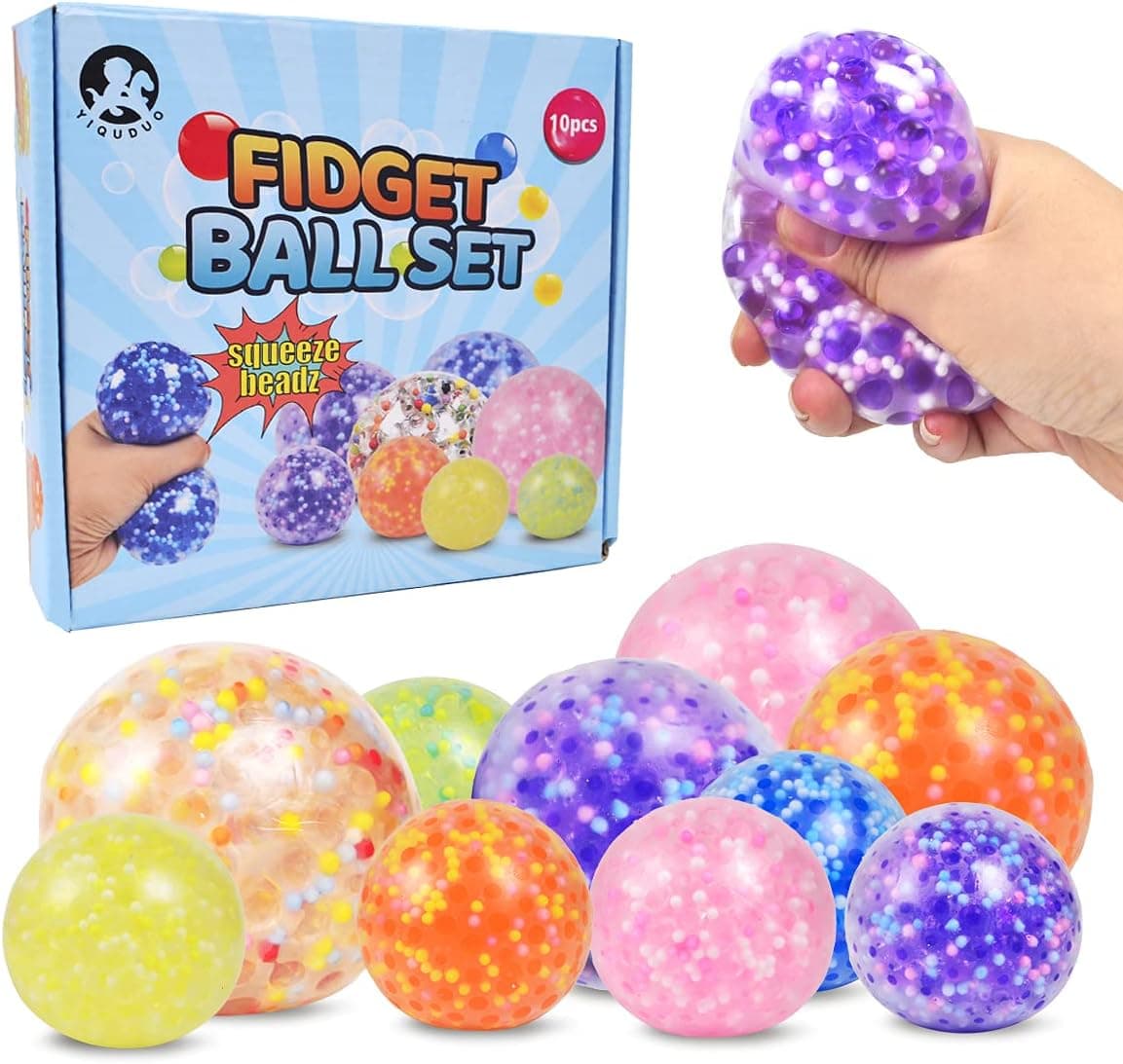 YIQUDUO 10 Pack Squishy Stress Balls Fidget Toys for Adults and Kids,Sensory Ball Filled with Water Beads, Squeeze Fidget Ball Stress Relief Calming Tool