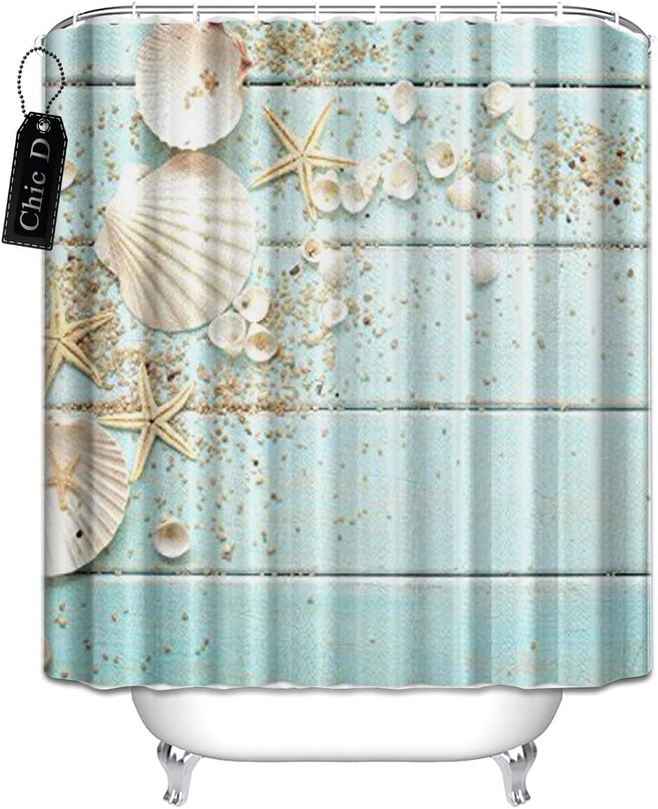 Chic D Seashell Shower Curtain,Sand Starfish Blue Wooden Back Print Home Decor Bathroom Sets