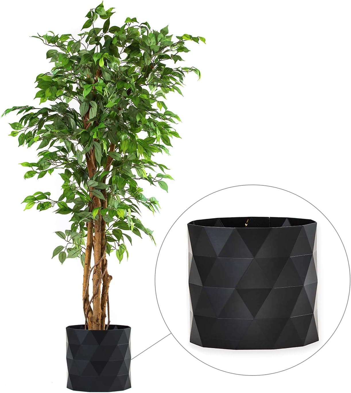 Deluxe 6 Feet Tall FICUS Silk Leaf Artificial Tree + 8" Base + 12" Plant Pot Skirt. 18 Feet of Vine Adorn Wide Real Trunks with Green Leaves Allowing Maintenance Free in-Door and Outdoor Use